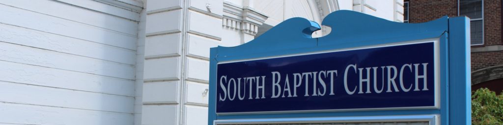 Welcome sign of South Baptist Church, a Reformed church